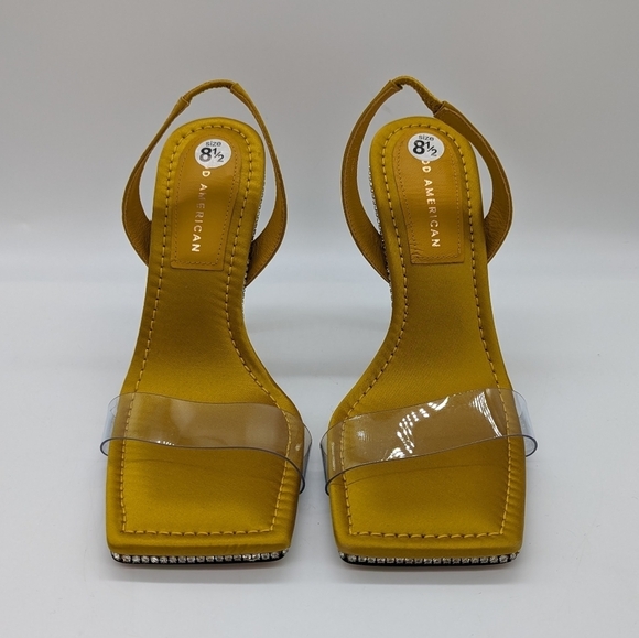 New! GOOD AMERICAN Crystal Crush Lucite Sandal Heels Gold Clear size 8.5 - Picture 2 of 10